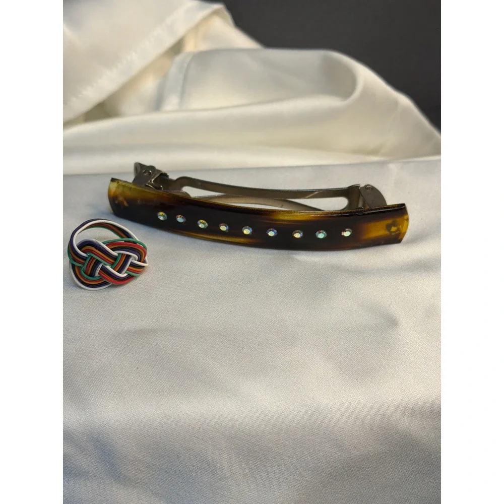 Vintage Tortoise Rhinestone Barrette and Multi Color Woven Knot Ring Set